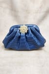 Buy_ADWITA BAGS & JEWELS_Blue Brooch Lion Textured Pouchette Bag 