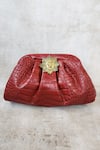 Buy_ADWITA BAGS & JEWELS_Red Brooch Lion Textured Pouchette Bag _at_Aza_Fashions