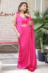 Buy_Aanchal Vijaywargi_Pink Bemberg Satin Applique Foxtail Solid Front Pleated Pre-draped Saree Set _at_Aza_Fashions