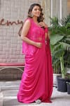 Shop_Aanchal Vijaywargi_Pink Bemberg Satin Applique Foxtail Solid Front Pleated Pre-draped Saree Set _at_Aza_Fashions