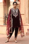 Buy_Ajiesh Oberoi_Wine Velvet Embroidered Floral Notched Kurta Dhoti Pant Set _at_Aza_Fashions