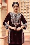 Shop_Ajiesh Oberoi_Wine Velvet Embroidered Floral Notched Kurta Dhoti Pant Set _Online_at_Aza_Fashions