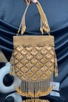 Buy_Kainiche by Mehak_Brown Stone Masakali Pearl Embroidered Fringed Potli Bag _at_Aza_Fashions