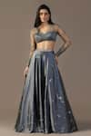 Buy_Pooja Peshoria_Grey Satin Hand Embroidery Sequins V Neck Crystal Lehenga With Blouse _at_Aza_Fashions