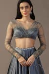 Pooja Peshoria_Grey Satin Hand Embroidery Sequins V Neck Crystal Lehenga With Blouse _Online_at_Aza_Fashions