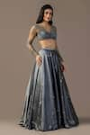 Buy_Pooja Peshoria_Grey Satin Hand Embroidery Sequins V Neck Crystal Lehenga With Blouse 