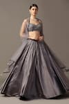 Buy_Pooja Peshoria_Grey Satin Hand Embroidery Crystals Sweetheart Neck Tonal Lehenga Set _at_Aza_Fashions