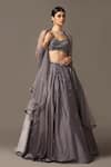 Pooja Peshoria_Grey Satin Hand Embroidery Crystals Sweetheart Neck Tonal Lehenga Set _at_Aza_Fashions