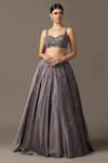 Shop_Pooja Peshoria_Grey Satin Hand Embroidery Crystals Sweetheart Neck Tonal Lehenga Set 