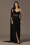 Buy_Pooja Peshoria_Black Georgette Hand Embroidery Floral Sweetheart Neck Draped Gown _at_Aza_Fashions