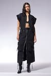 Buy_CILVR_Black 30% Viscose Henley Neck Crushed Texture Crop Jacket And Cargo Skirt Set _at_Aza_Fashions