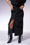 CILVR_Black 30% Viscose Henley Neck Crushed Texture Crop Jacket And Cargo Skirt Set _Online_at_Aza_Fashions