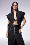 Buy_CILVR_Black 30% Viscose Henley Neck Crushed Texture Crop Jacket And Cargo Skirt Set _Online_at_Aza_Fashions