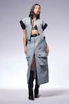 Buy_CILVR_Grey 30% Viscose Henley Neck Crushed Crop Jacket And Cargo Skirt Set _at_Aza_Fashions