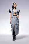 Buy_CILVR_Grey 30% Viscose Henley Neck Crushed Crop Jacket And Cargo Skirt Set _Online_at_Aza_Fashions