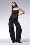 Buy_CILVR_Black 30% Viscose Off Shoulder Neck Zipper Slit Corset Top Pant Set _Online_at_Aza_Fashions