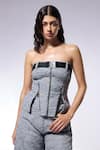 Shop_CILVR_Grey 30% Viscose Off Shoulder Neck Zipper Slit Corset Top And Crushed Pant Set _Online_at_Aza_Fashions