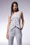 CILVR_Grey 30% Viscose Embroidery Cutdana Flora V Neck Waistcoat _Online_at_Aza_Fashions