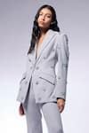 Shop_CILVR_Grey 30% Viscose 70% Polyester Hand Embroidery Floral Peak Lapel Cosmos Blazer _Online_at_Aza_Fashions