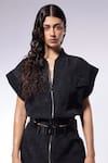 CILVR_Black 30% Viscose 70% Polyester Textured Ribbed Cargo Cropped Jacket _Online_at_Aza_Fashions