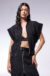 Buy_CILVR_Black 30% Viscose 70% Polyester Textured Ribbed Cargo Cropped Jacket _Online_at_Aza_Fashions