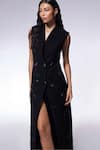 CILVR_Black 30% Viscose 70% Polyester Embroidered Bead Lapel Collar Coat Dress _at_Aza_Fashions