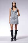 CILVR_Grey 30% Viscose 70% Polyester Embellished Metal Textured Buckled Strap Dress _Online_at_Aza_Fashions