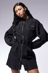 Buy_CILVR_Black 30% Viscose 70% Polyester Textured Shirt Collar Trucker Dress _Online_at_Aza_Fashions