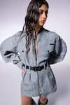 CILVR_Grey 30% Viscose 70% Polyester Textured Shirt Collar Front Zip Up Trucker Dress _at_Aza_Fashions