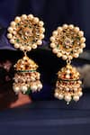 Shop_Riana Jewellery_Green Floral Carved Jadtar Stone Jhumkas _at_Aza_Fashions
