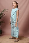 Shop Petite Pomme Blue Cotton Geometric Print Asymmetric Top And Pant Set at Aza Fashions Shop_Petite Pomme_Blue Cotton Geometric Print Asymmetric Top And Pant Set _at_Aza_Fashions