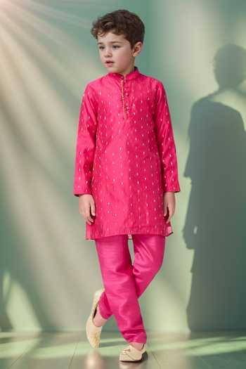 Buy_Petite Pomme_Pink Chanderi, Linen Beads, Zari Butta Beaded Placket Kurta Set _at_Aza_Fashions