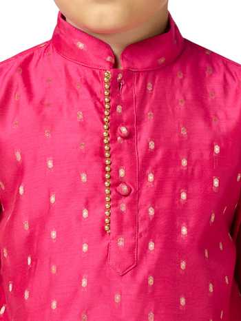 Petite Pomme_Pink Chanderi, Linen Beads, Zari Butta Beaded Placket Kurta Set _Online_at_Aza_Fashions