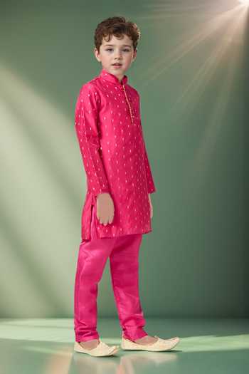 Buy_Petite Pomme_Pink Chanderi, Linen Beads, Zari Butta Beaded Placket Kurta Set 