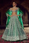 Buy_Anushree Reddy_Green Blouse And Lehenga Raw Silk Embroidery Floral Hustle Kalidar Bridal Set _at_Aza_Fashions