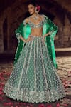 Buy_Anushree Reddy_Green Blouse And Lehenga Raw Silk Embroidery Floral Hustle Kalidar Bridal Set _Online_at_Aza_Fashions