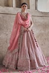 Buy_Anushree Reddy_Pink Blouse And Lehenga Raw Silk Embroidery Beads Plunge Gulab Bridal Set _at_Aza_Fashions