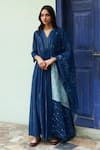 Buy_Vaayu_Blue Muslin Cotton Embroidered Thread V Neck Work Anarkali With Dupatta _at_Aza_Fashions