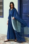 Vaayu_Blue Muslin Cotton Embroidered Thread V Neck Work Anarkali With Dupatta _Online_at_Aza_Fashions