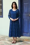 Vaayu_Blue Muslin Cotton Printed Striped Round Midi Jacket Dress _Online_at_Aza_Fashions