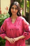 Shop_Vaayu_Pink Muslin Cotton Printed Floral V Neck Scattered Dress _Online_at_Aza_Fashions