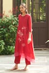 Vaayu_Red Muslin Cotton Embellished Bloom Round Applique Asymmetric Kurta With Pant _Online_at_Aza_Fashions