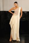 Buy_Supria Munjal_Off White Crepe Embellished Sequin Asymmetric Mesh Draped Gown _at_Aza_Fashions