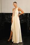 Shop_Supria Munjal_Off White Crepe Embellished Sequin Asymmetric Mesh Draped Gown _at_Aza_Fashions