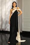 Buy_Supria Munjal_Black Crepe (100% Polyester) Embellished Pearl Asymmetric Strap Draped Gown _at_Aza_Fashions