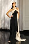 Supria Munjal_Black Crepe (100% Polyester) Embellished Pearl Asymmetric Strap Draped Gown _Online_at_Aza_Fashions