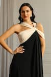 Buy_Supria Munjal_Black Crepe (100% Polyester) Embellished Pearl Asymmetric Strap Draped Gown _Online_at_Aza_Fashions