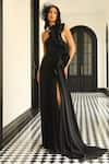 Supria Munjal_Black Crepe (100% Polyester) Halter 3d Ruffle Neck Gown _Online_at_Aza_Fashions