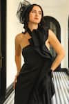 Shop_Supria Munjal_Black Crepe (100% Polyester) Halter 3d Ruffle Neck Gown _Online_at_Aza_Fashions