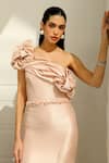 Buy_Supria Munjal_Pink Shimmer Crepe(100% Polyester) Embellished Pearl Placed One Shoulder Gown _Online_at_Aza_Fashions